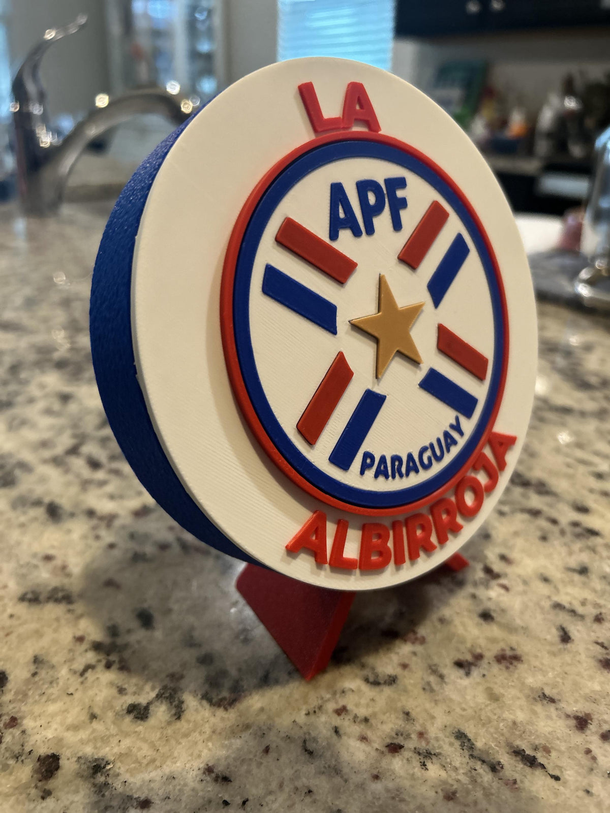 Paraguay National Team Albirroja 3D printed round display medallion with stand and hidden stash boxAPF soccer fan gift, made in USA