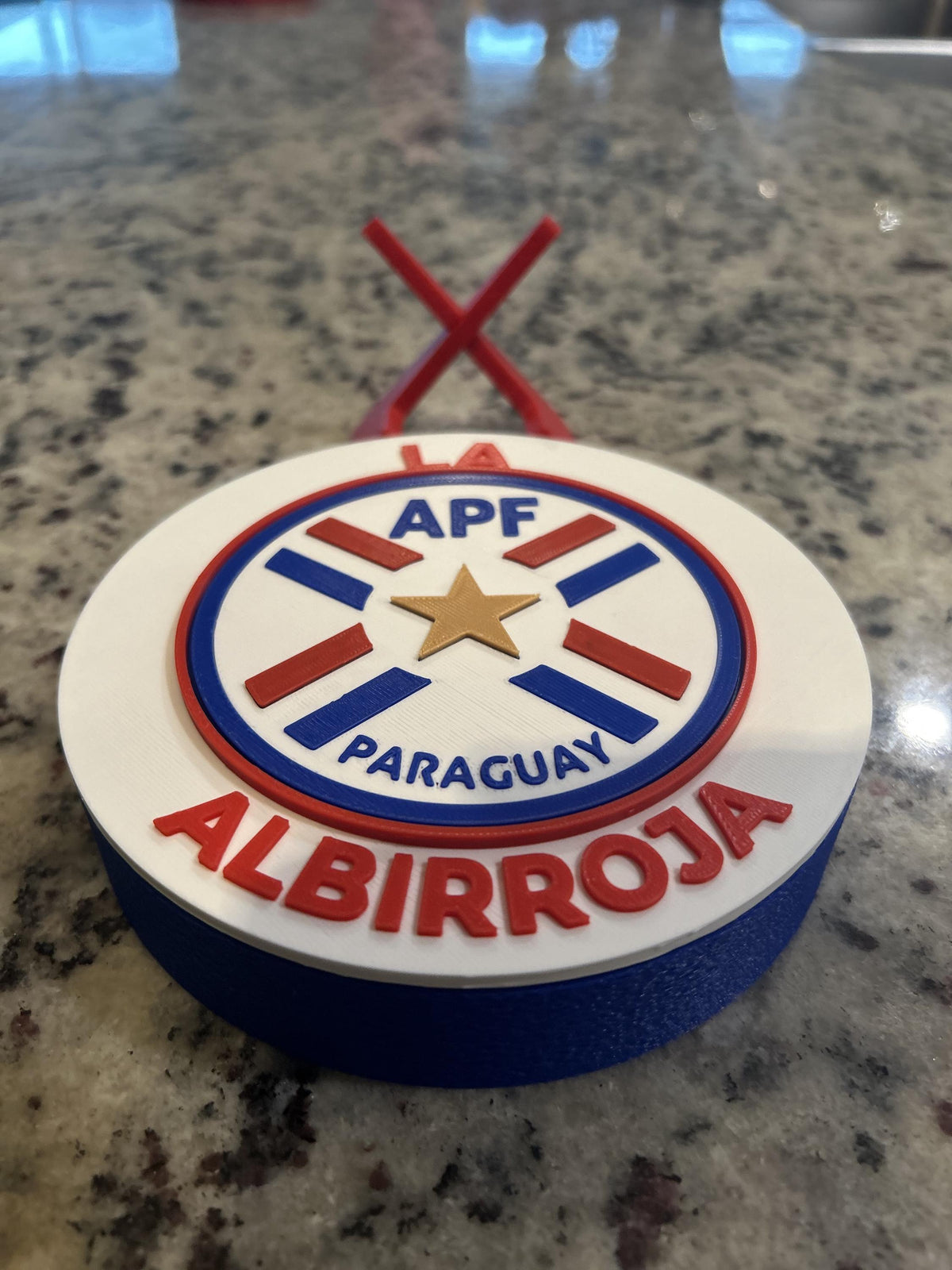 Paraguay National Team Albirroja 3D printed round display medallion with stand and hidden stash boxAPF soccer fan gift, made in USA
