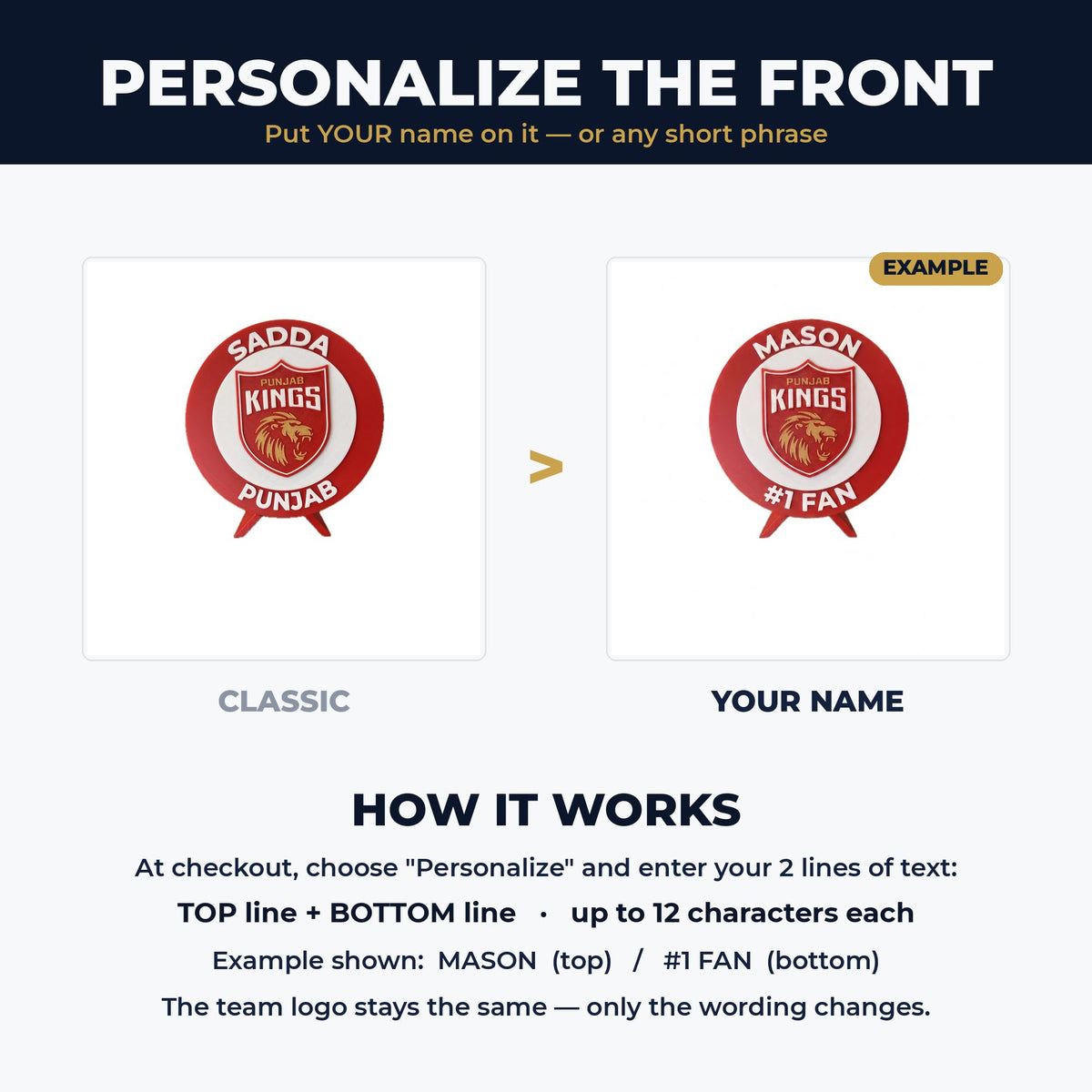 How to personalize: your name on top and #1 Fan on the bottom, custom 3D printed Punjab Kings