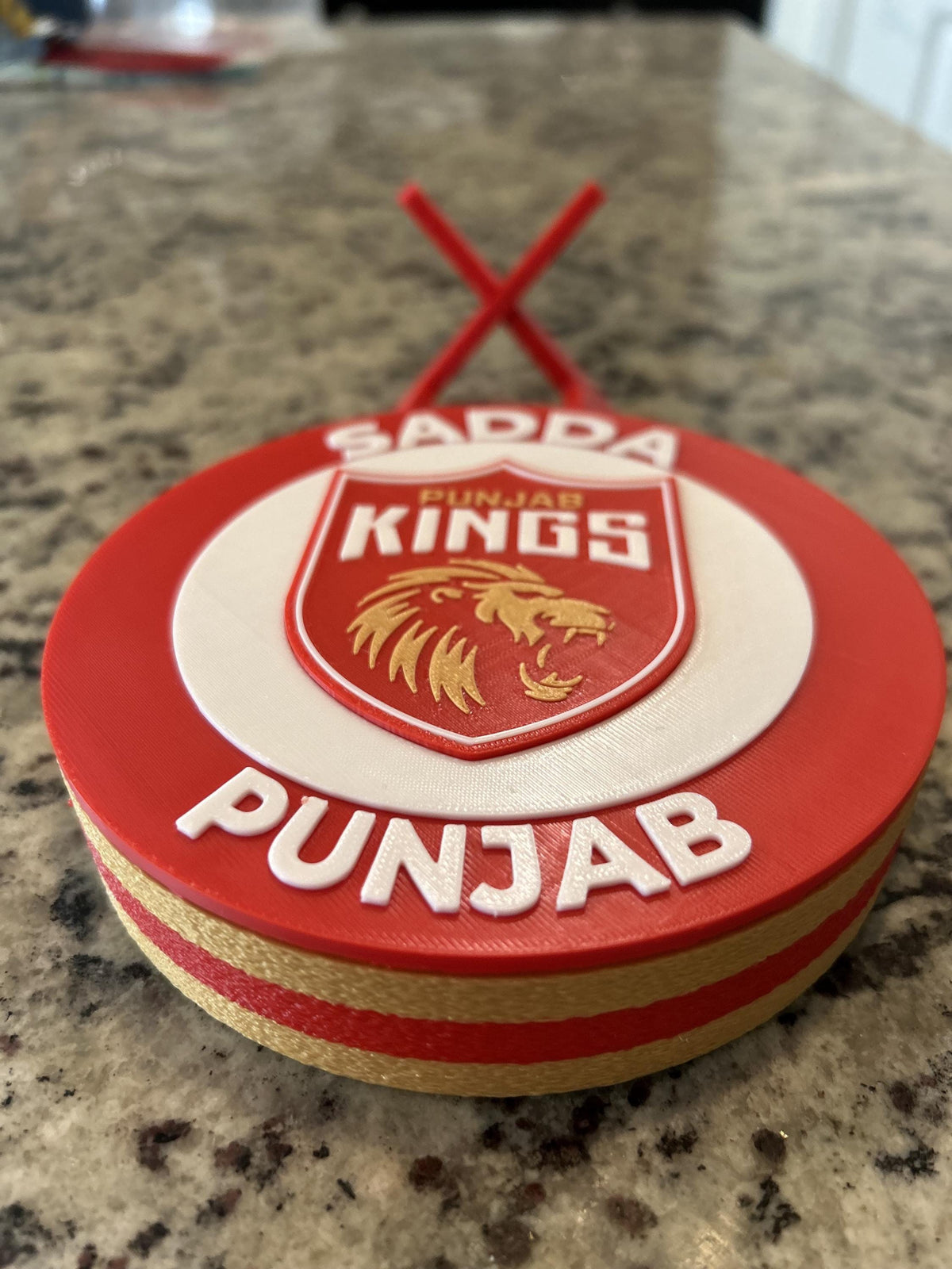 Punjab Kings 3D printed round display medallion with stand and hidden stash boxSadda Punjab IPL cricket fan gift, made in USA