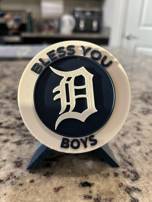 Detroit Tigers 3D printed round display medallion with stand and hidden stash boxBless You Boys MLB baseball fan gift, made in USA