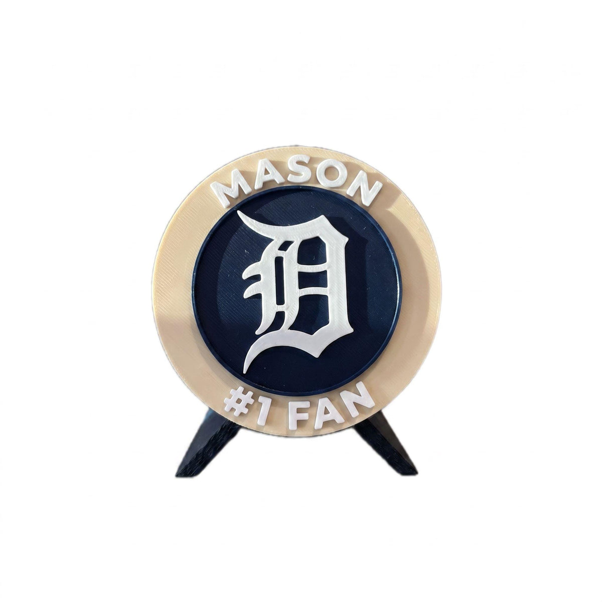 Personalized medallion example with the name MASON on top and #1 FAN on the bottom, 3D printed to order