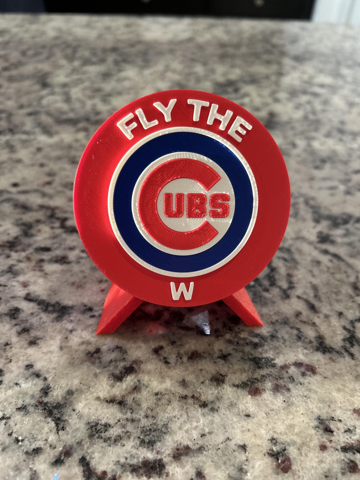 Chicago Cubs Fly the W 3D printed round display medallion with stand and hidden stash boxMLB baseball fan gift, made in USA