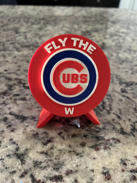 Chicago Cubs Fly the W 3D printed round display medallion with stand and hidden stash boxMLB baseball fan gift, made in USA
