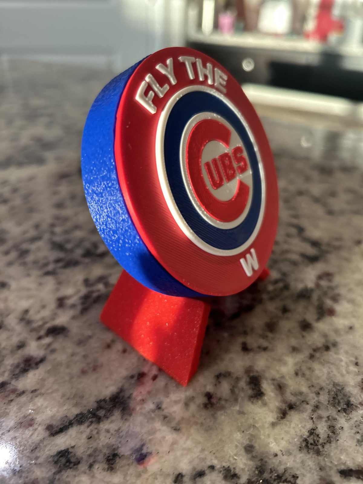Chicago Cubs Fly the W 3D printed round display medallion with stand and hidden stash boxMLB baseball fan gift, made in USA