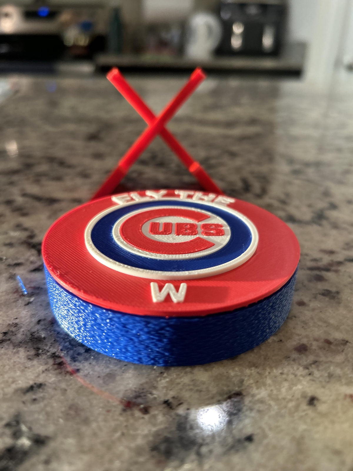 Chicago Cubs Fly the W 3D printed round display medallion with stand and hidden stash boxMLB baseball fan gift, made in USA