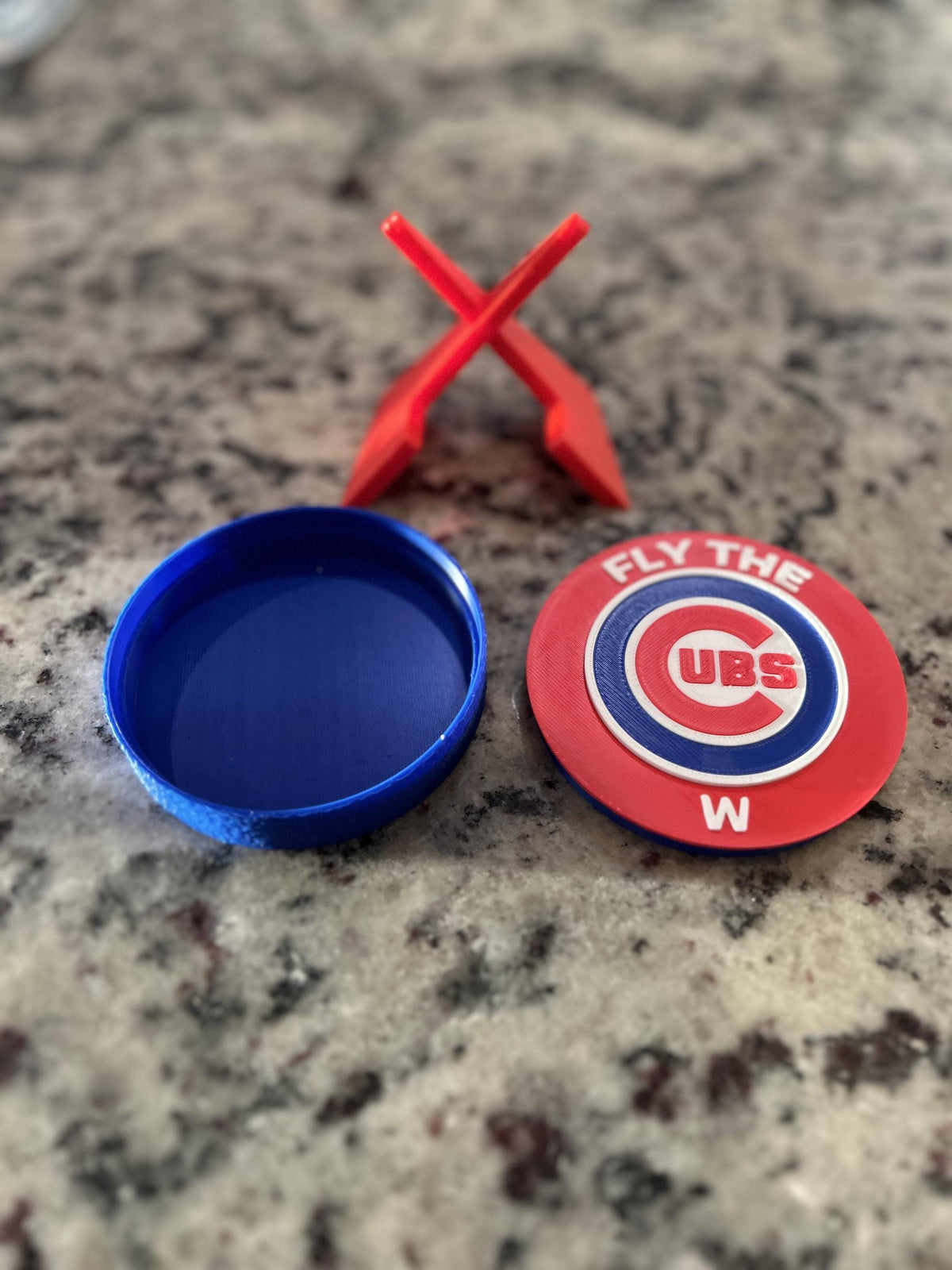 Chicago Cubs Fly the W 3D printed round display medallion with stand and hidden stash boxMLB baseball fan gift, made in USA