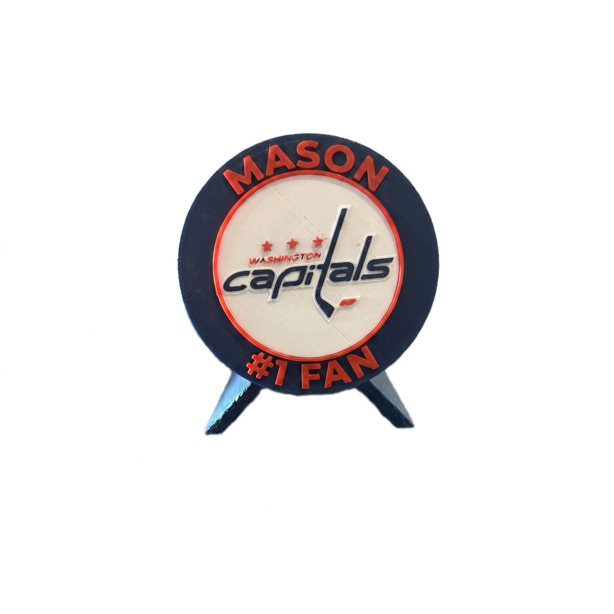 Personalized medallion example with the name MASON on top and #1 FAN on the bottom, 3D printed to order