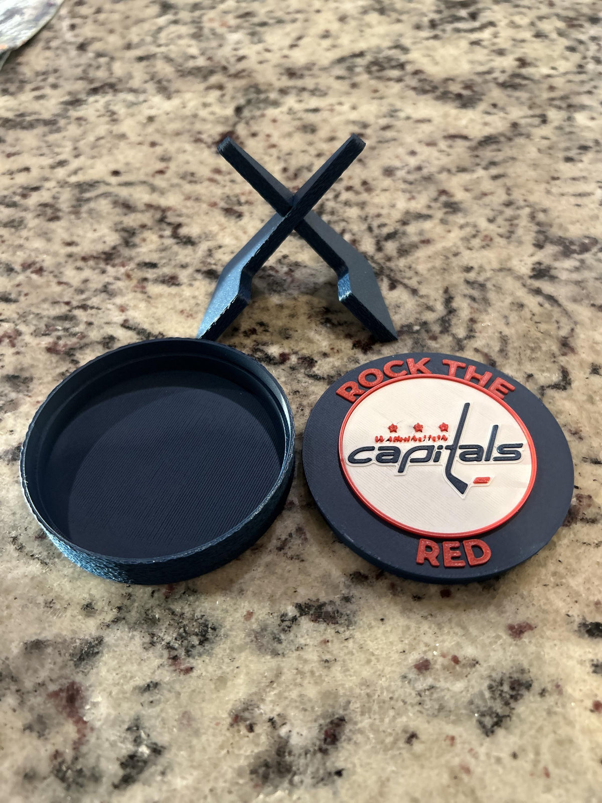 Washington Capitals 3D printed round display medallion with stand and hidden stash boxRock the Red NHL hockey fan gift, made in USA