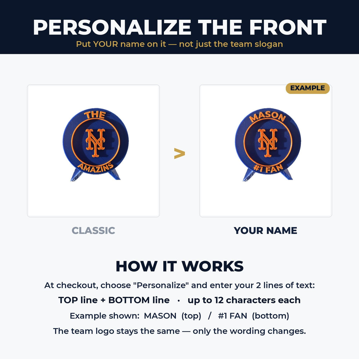 How to personalize the medallion: put your name on top and #1 Fan on the bottom, custom 3D printed
