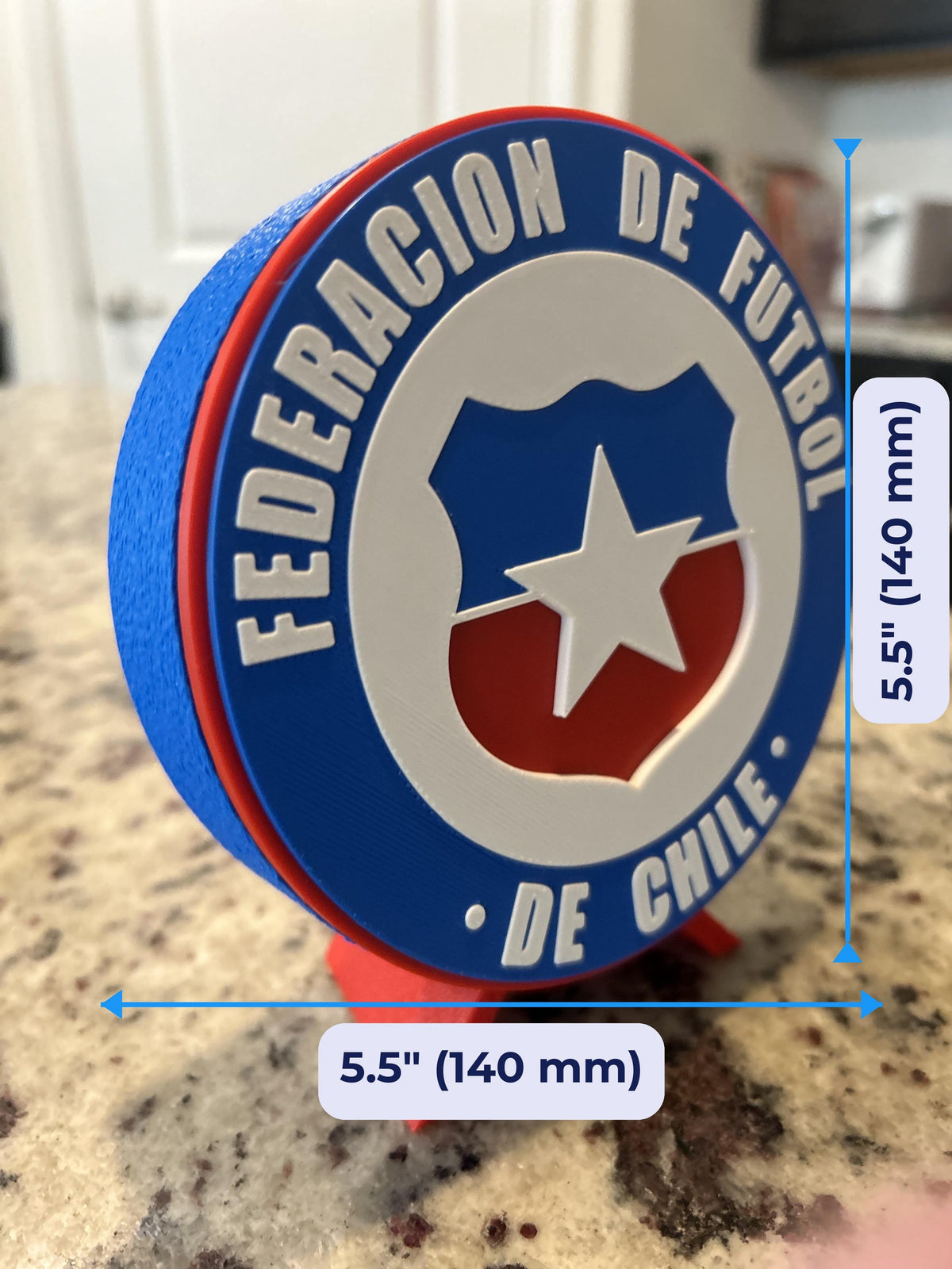 Size guide: Chile La Roja 3D printed crest display, approx 5.5 in / 140 mm round