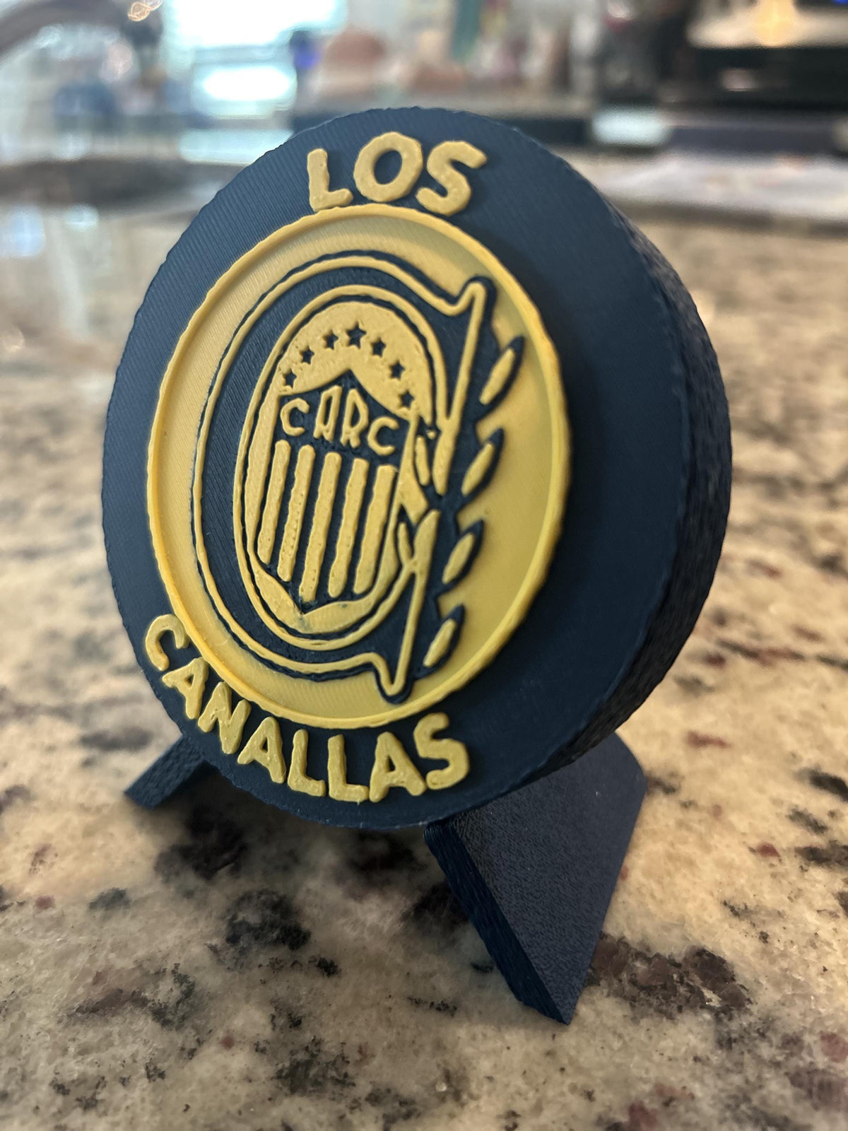 Rosario Central 3D printed round display medallion with stand and hidden stash boxLos Canallas soccer fan gift, made in USA