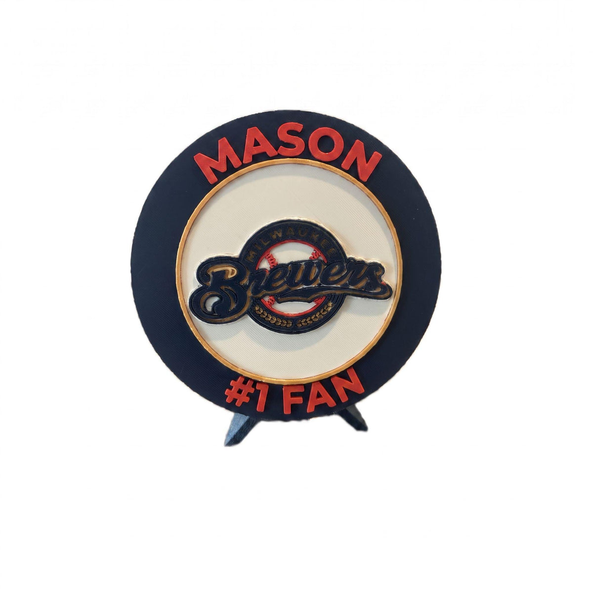 Personalized example with the name MASON on top and #1 FAN on the bottom, 3D printed to order