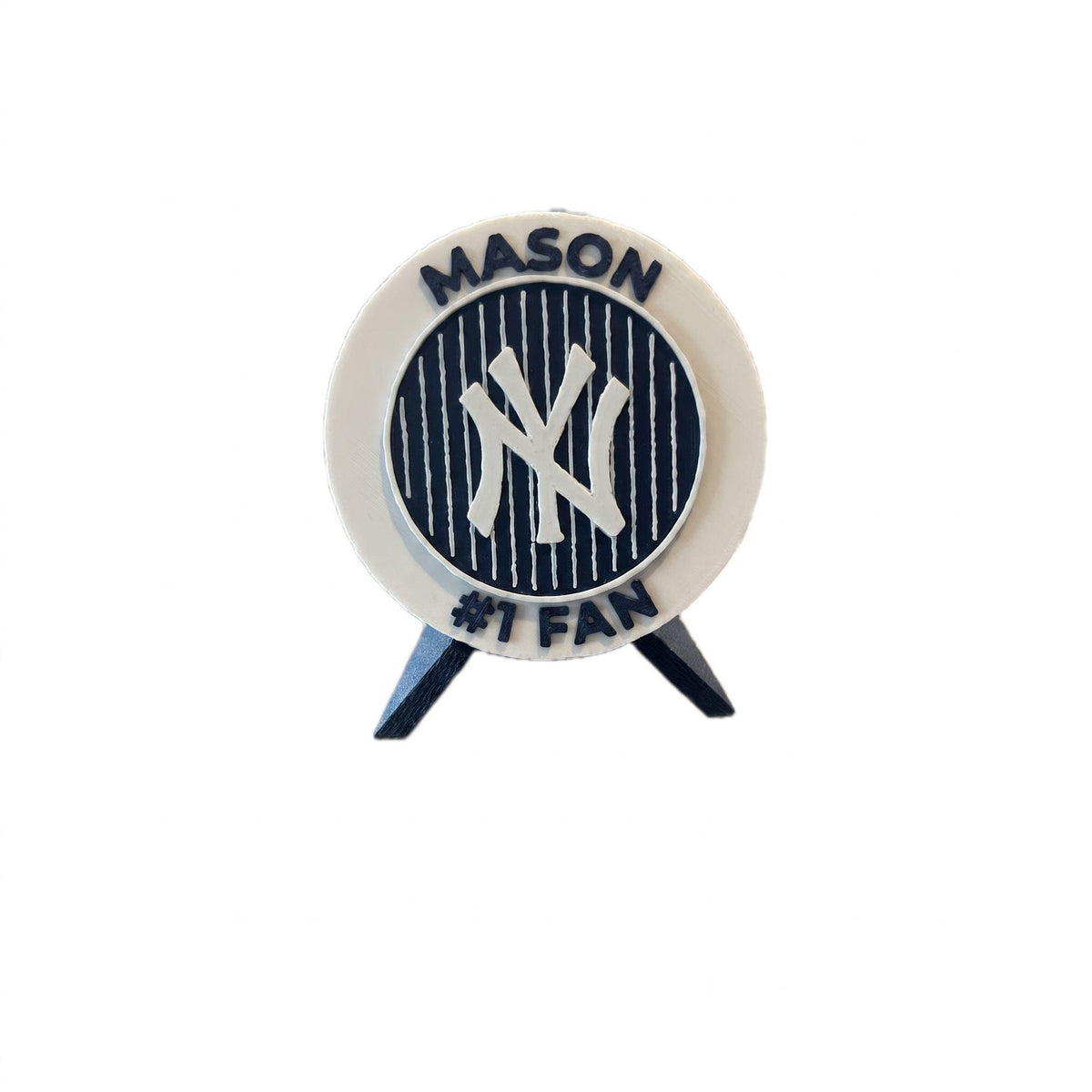 Personalized example with the name MASON on top and #1 FAN on the bottom, 3D printed to order