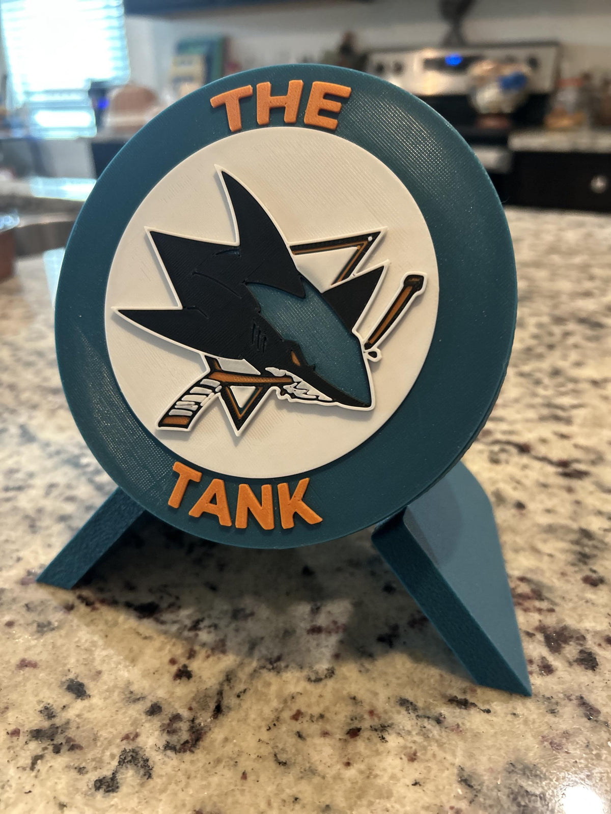San Jose Sharks 3D printed round display medallion with stand and hidden stash boxThe Tank NHL hockey fan gift, made in USA