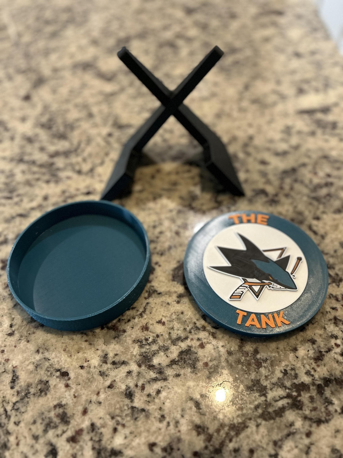 San Jose Sharks 3D printed round display medallion with stand and hidden stash boxThe Tank NHL hockey fan gift, made in USA