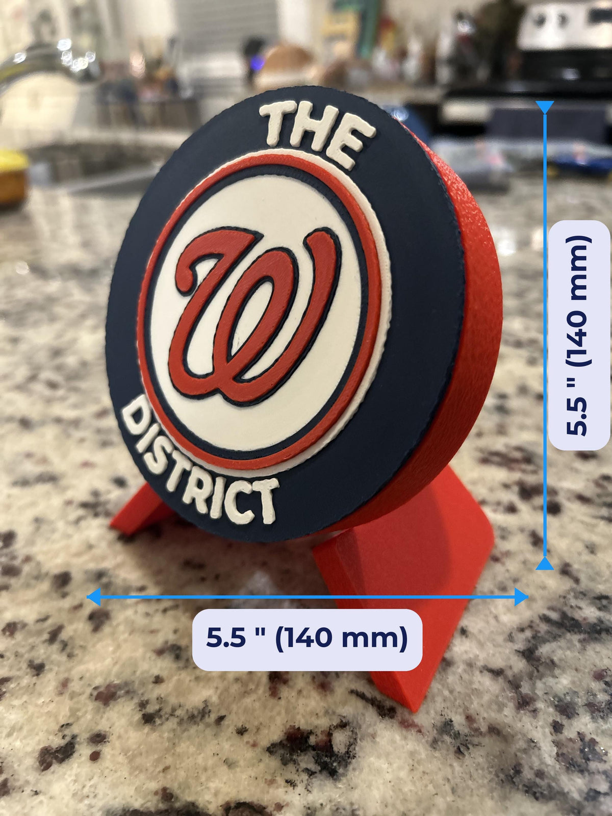Size guide: Washington Nationals round medallion 5.5 inches (140 mm) across and about 1 inch deep on the stand