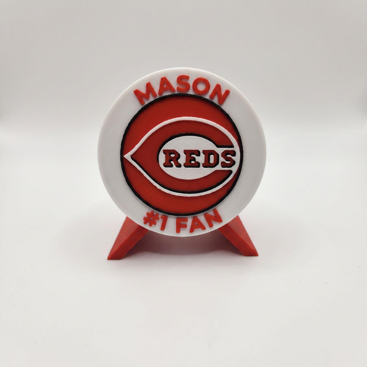 Personalized example with the name MASON on top and #1 FAN on the bottom, 3D printed to order
