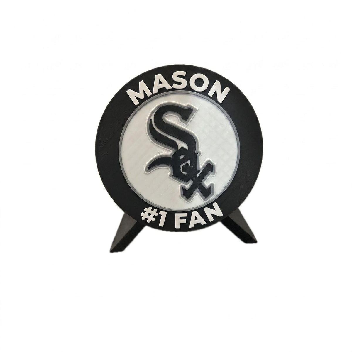 Personalized example with the name MASON on top and #1 FAN on the bottom, 3D printed to order