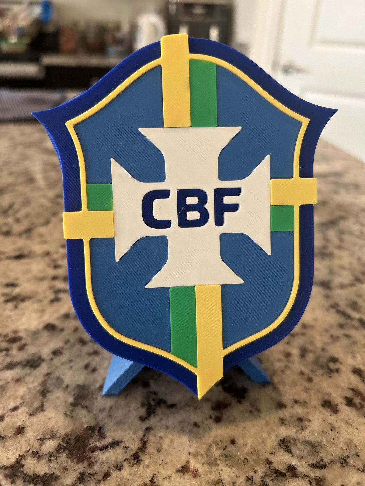 Brazil CBF 3D printed Seleção crest display with stand and hidden stash box, canarinho soccer fan gift, made in USA