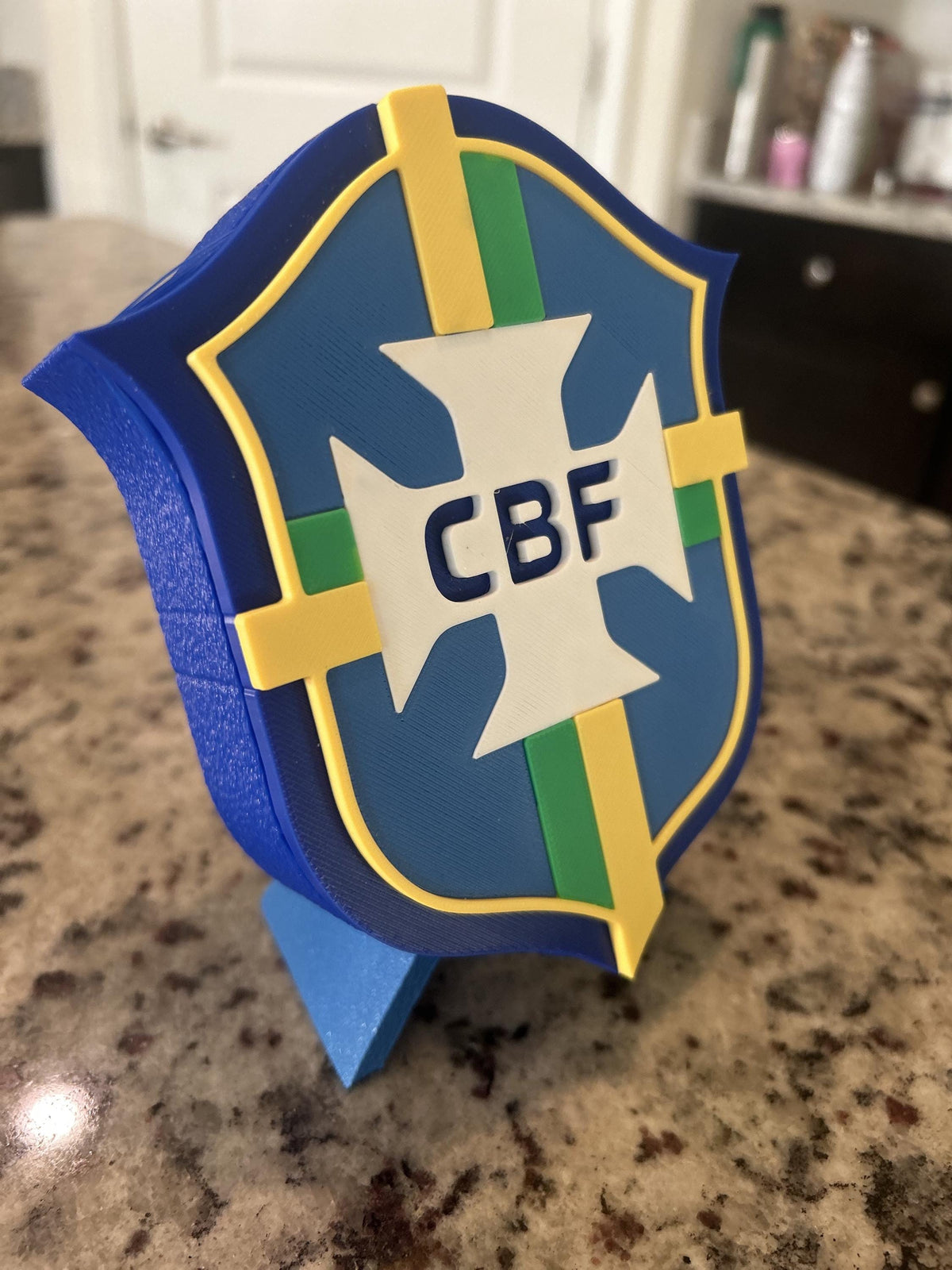 Brazil CBF 3D printed Seleção crest display with stand and hidden stash box, canarinho soccer fan gift, made in USA