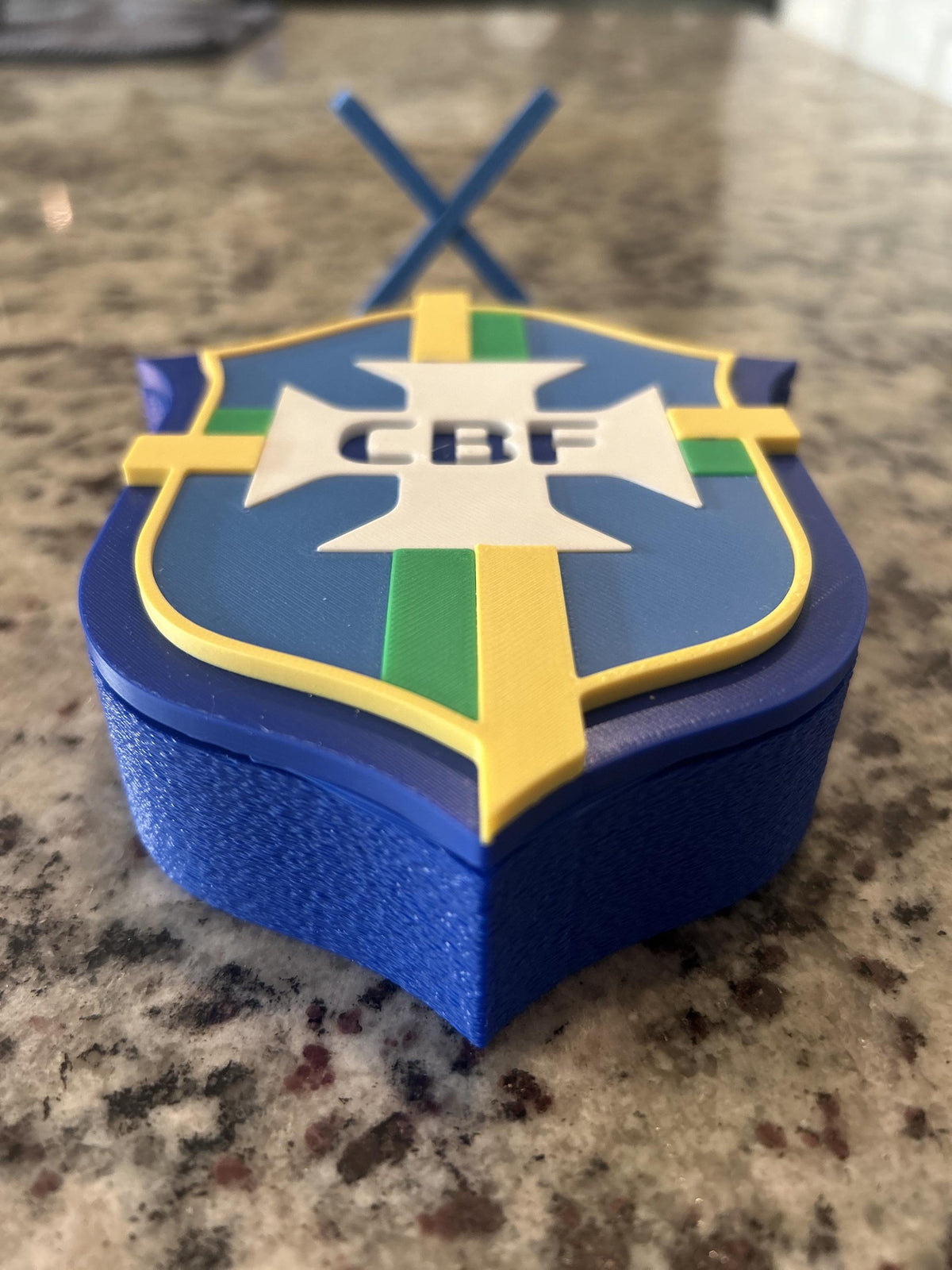 Brazil CBF 3D printed Seleção crest display with stand and hidden stash box, canarinho soccer fan gift, made in USA