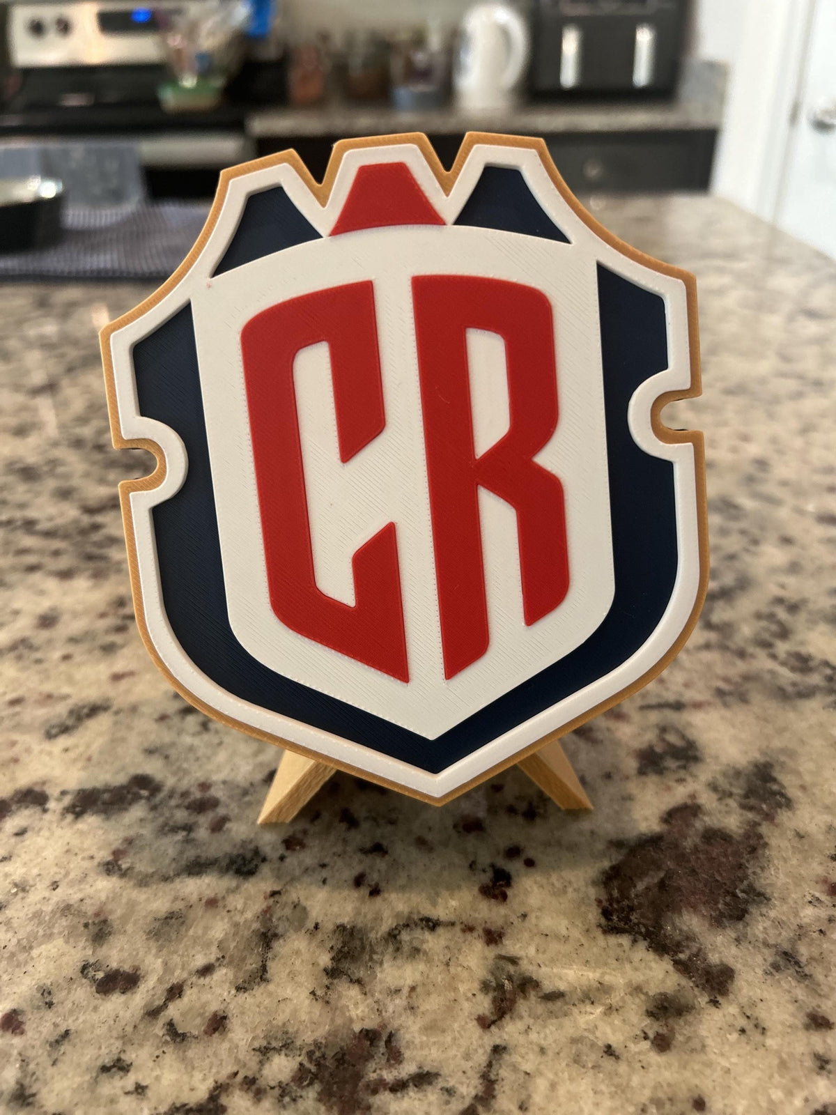 Costa Rica La Sele 3D printed CR crest display with stand and hidden stash box, Ticos soccer fan gift, made in USA