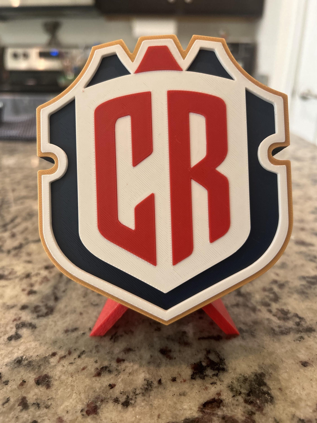 Costa Rica La Sele 3D printed CR crest display with stand and hidden stash box, Ticos soccer fan gift, made in USA