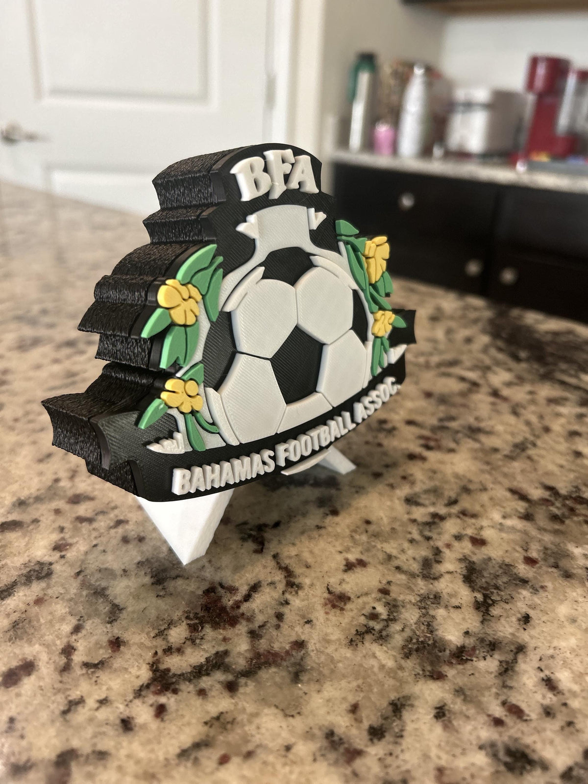 Bahamas Football Association BFA 3D printed crest display with stand and hidden stash box, Bahamian soccer fan gift, made in USA