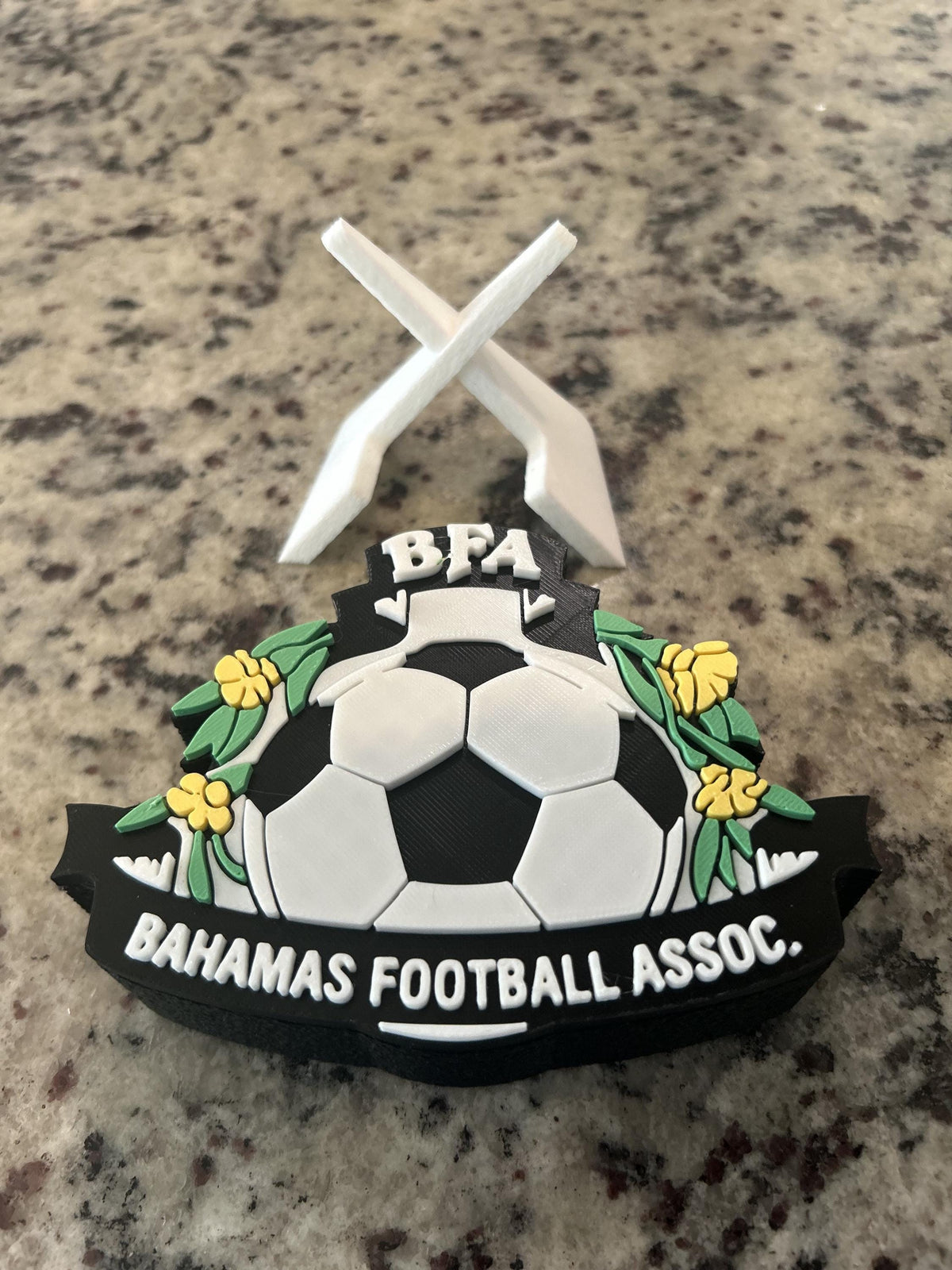 Bahamas Football Association BFA 3D printed crest display with stand and hidden stash box, Bahamian soccer fan gift, made in USA