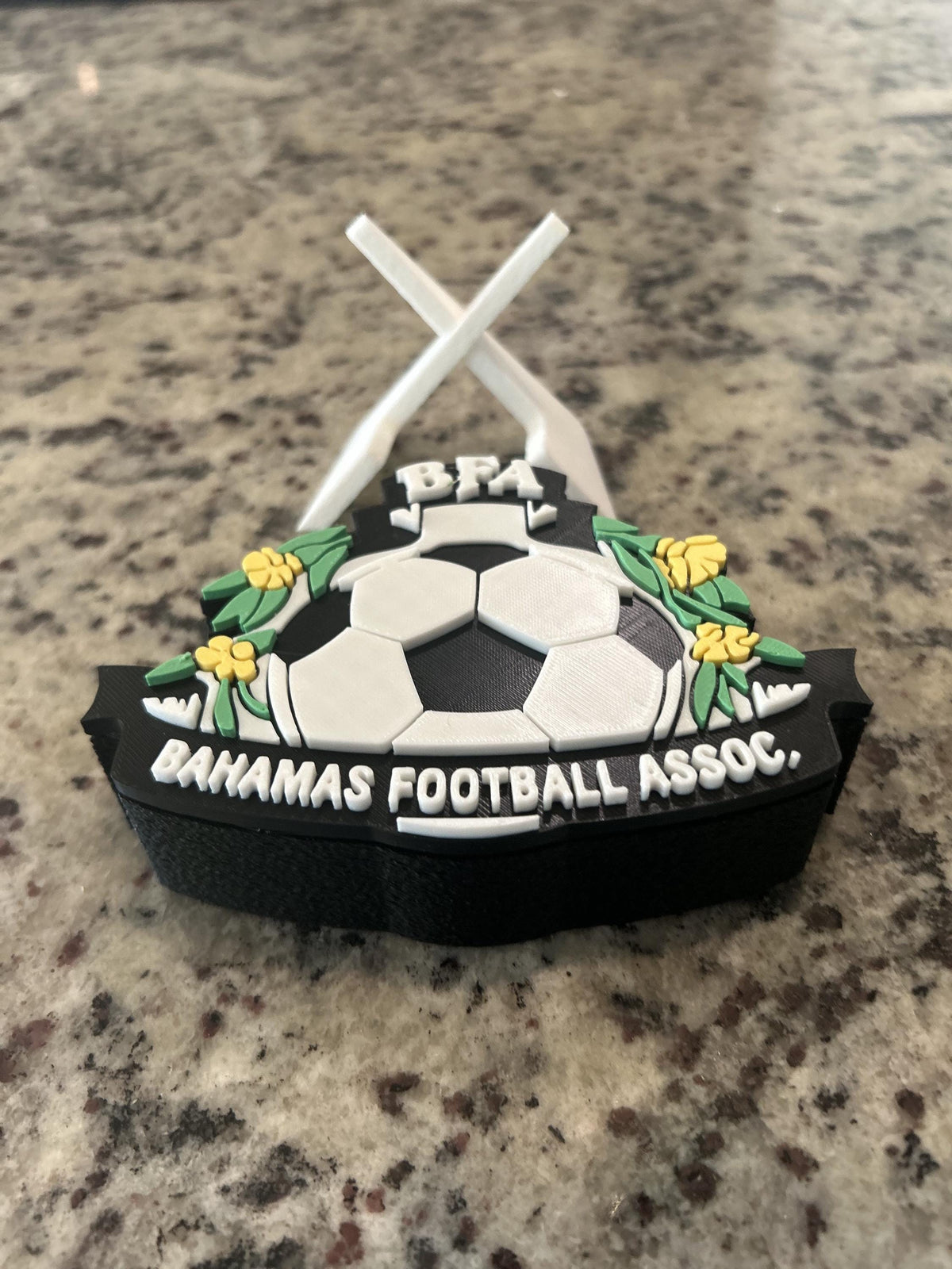 Bahamas Football Association BFA 3D printed crest display with stand and hidden stash box, Bahamian soccer fan gift, made in USA