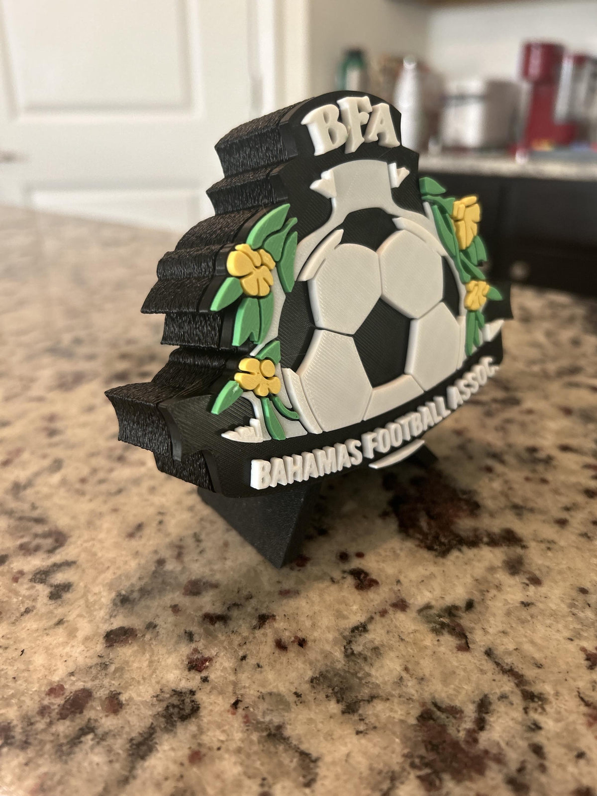 Bahamas Football Association BFA 3D printed crest display with stand and hidden stash box, Bahamian soccer fan gift, made in USA