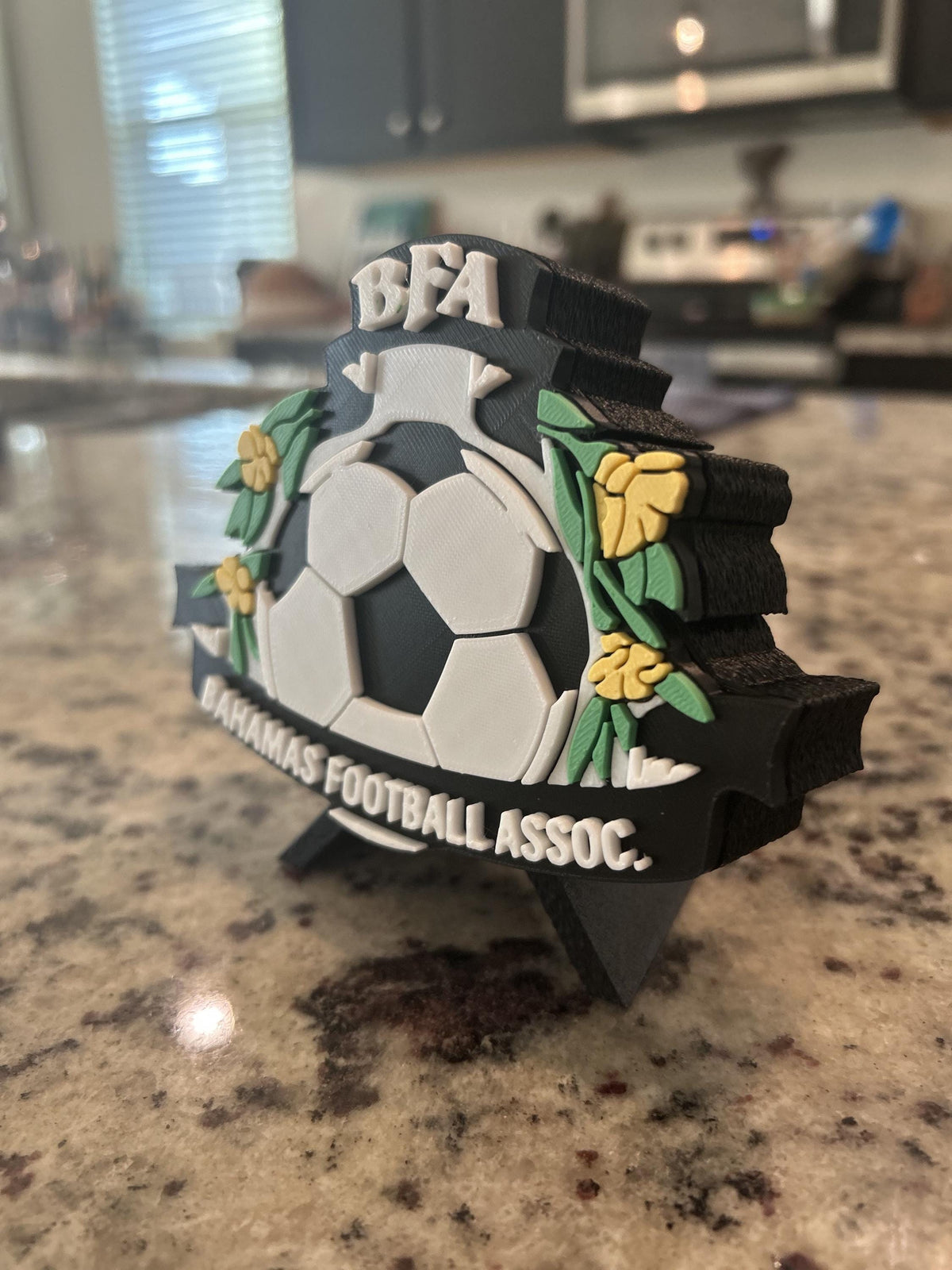 Bahamas Football Association BFA 3D printed crest display with stand and hidden stash box, Bahamian soccer fan gift, made in USA