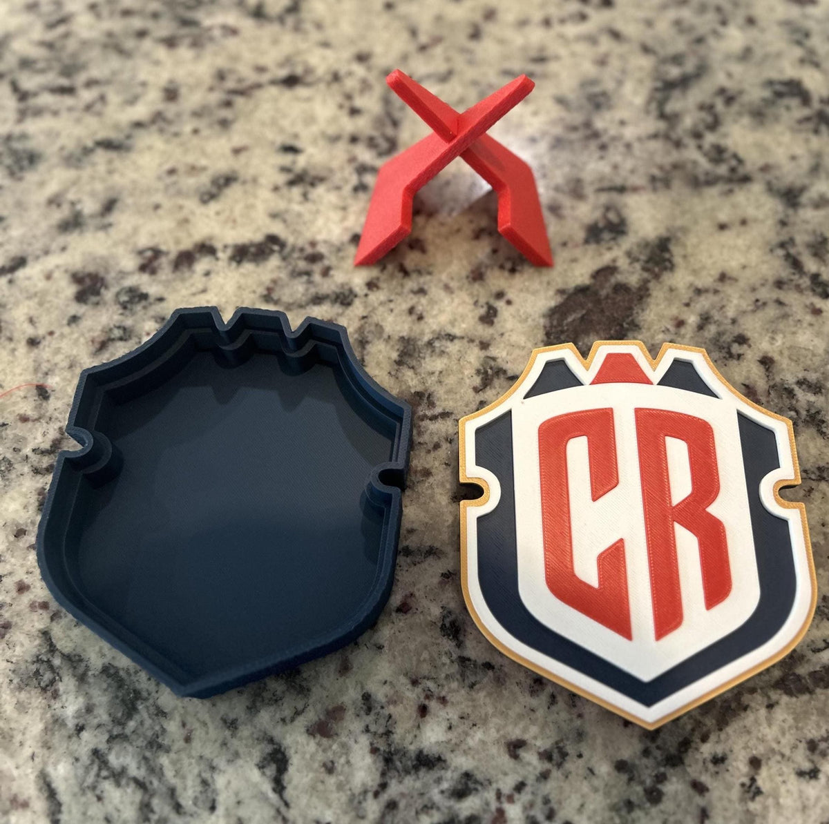 Costa Rica La Sele 3D printed CR crest display with stand and hidden stash box, Ticos soccer fan gift, made in USA