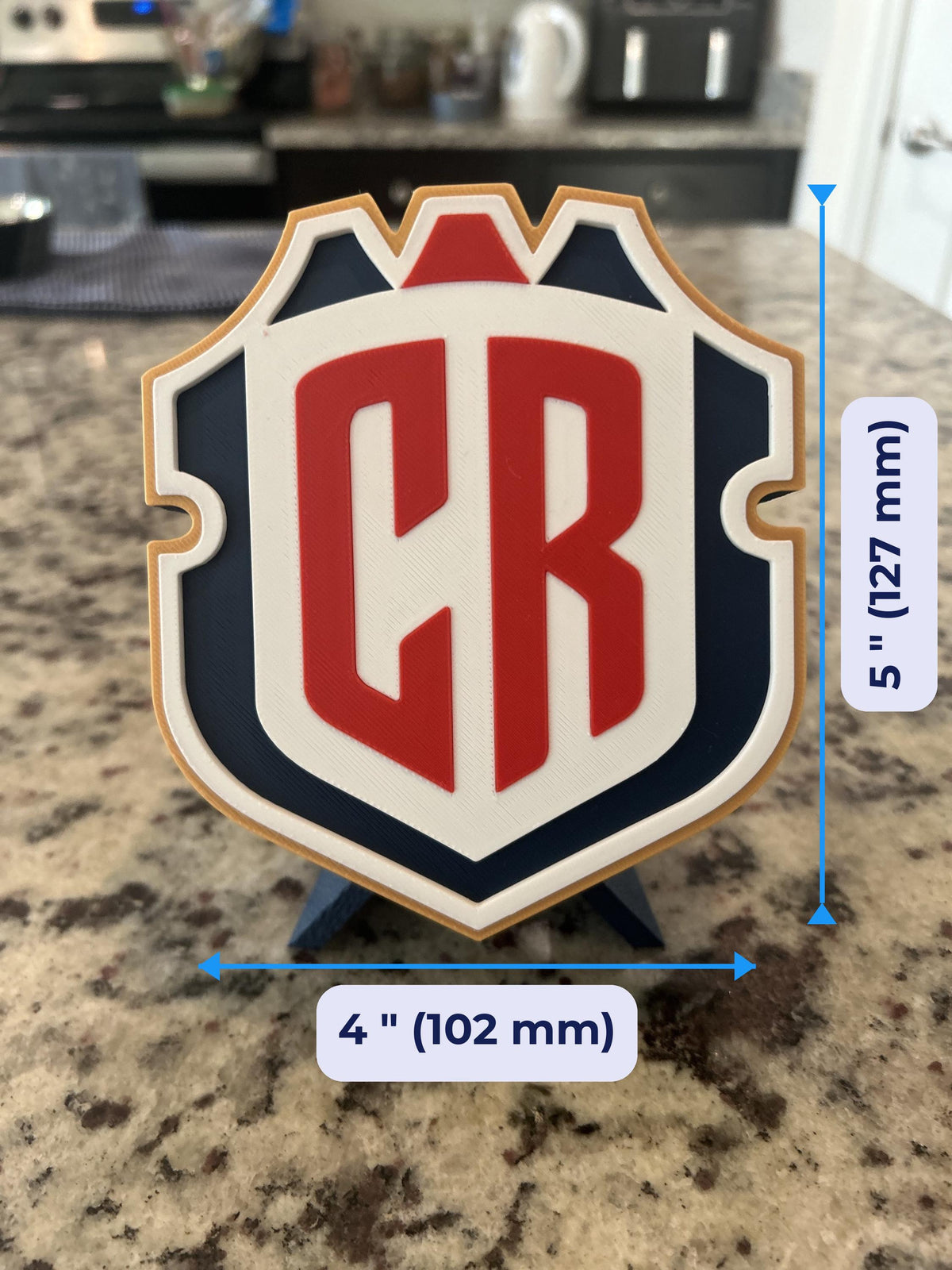 Size guide: Costarica 3D printed crest is about 5 inches (127 mm) tall on the stand