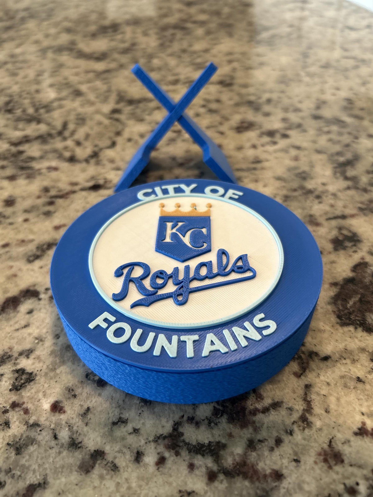 Kansas City Royals 3D printed round display medallion with stand and hidden stash boxCity of Fountains MLB baseball fan gift, made in USA