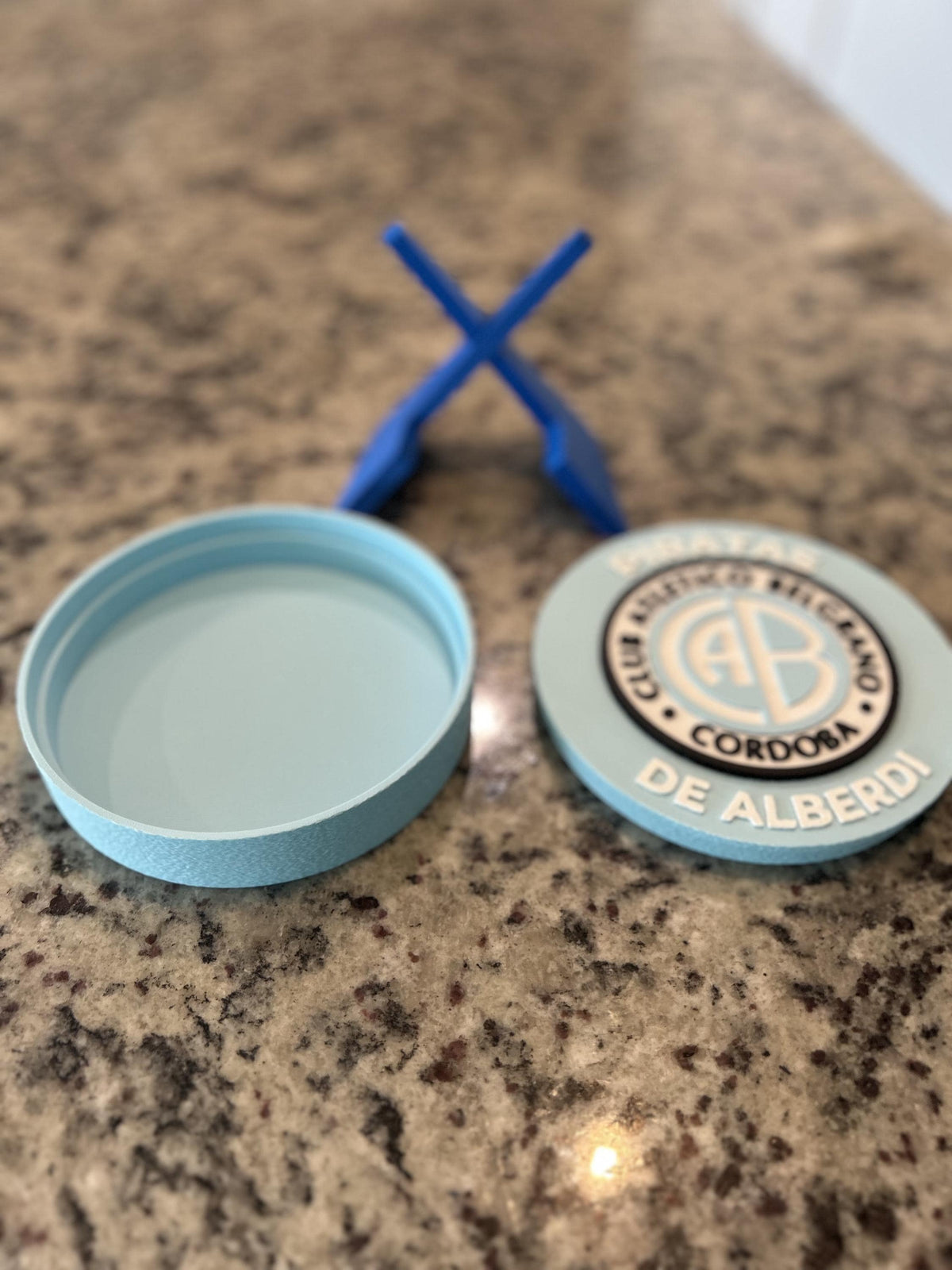 Belgrano Cordoba 3D printed round display medallion with stand and hidden stash boxEl Pirata Argentine soccer fan gift, made in USA