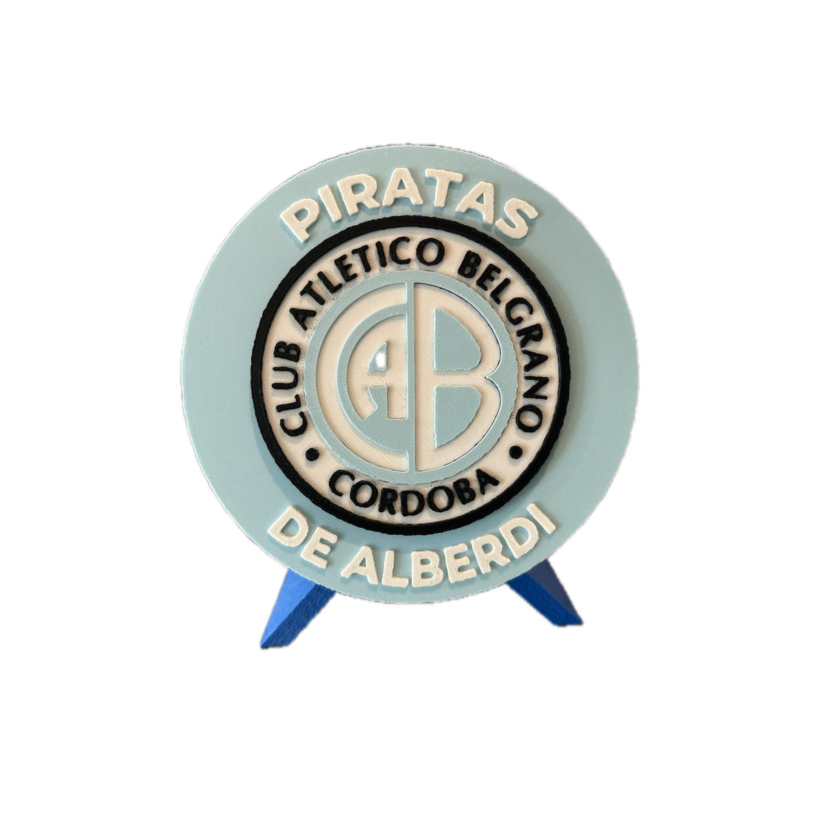 Belgrano Cordoba 3D printed round display medallion with stand and hidden stash boxEl Pirata Argentine soccer fan gift, made in USA
