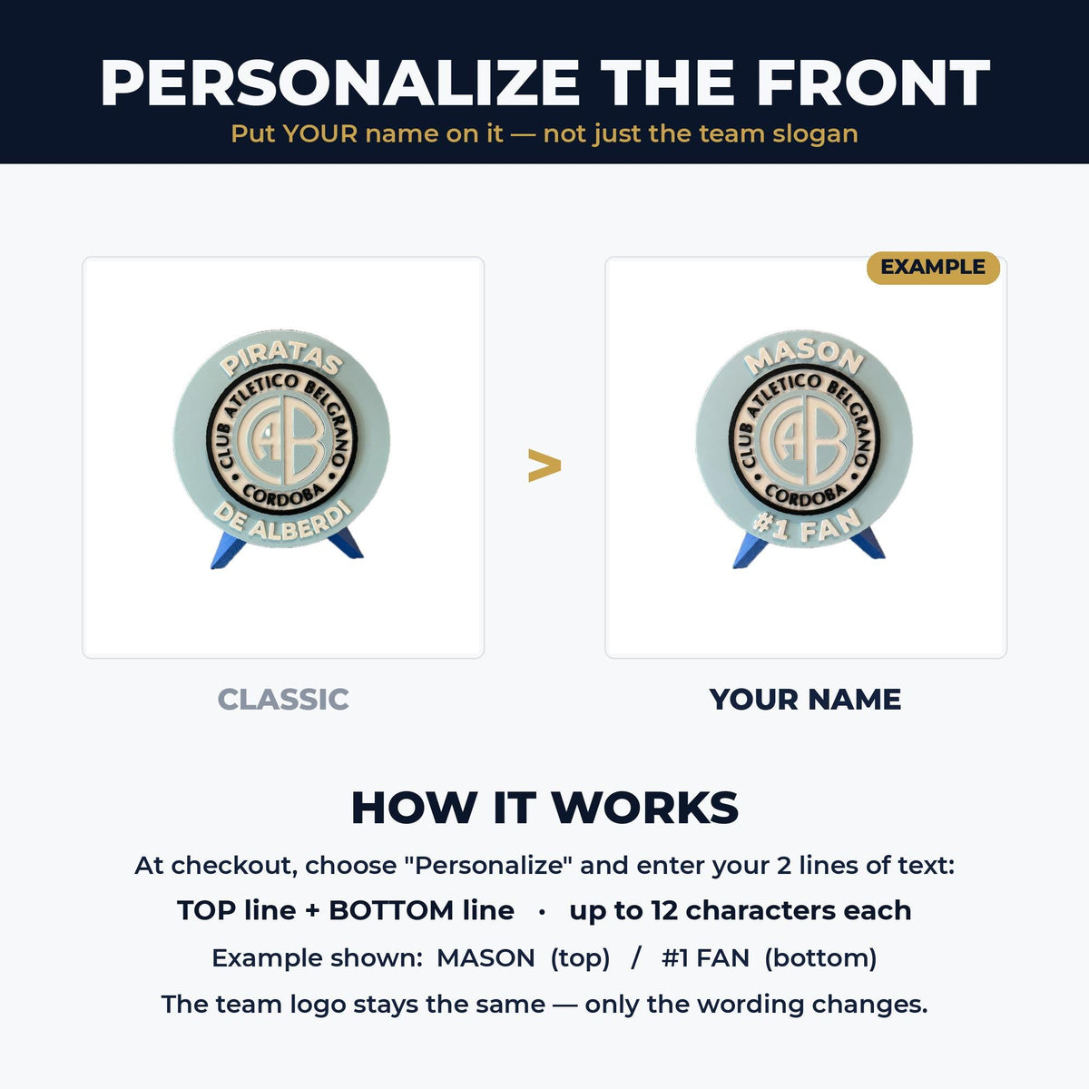 How to personalize: your name on top and #1 Fan on the bottom, custom 3D printed