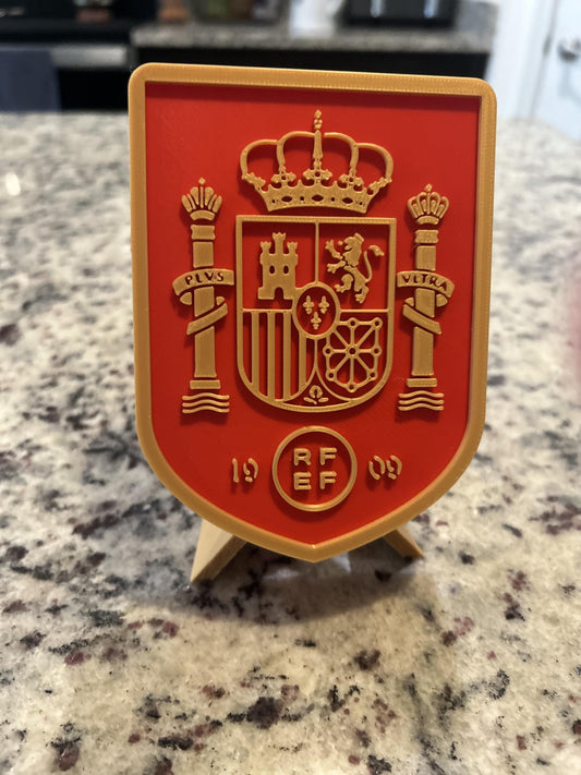 Spain La Roja RFEF 3D printed crest display with stand and hidden stash box, Furia Roja soccer fan gift, made in USA