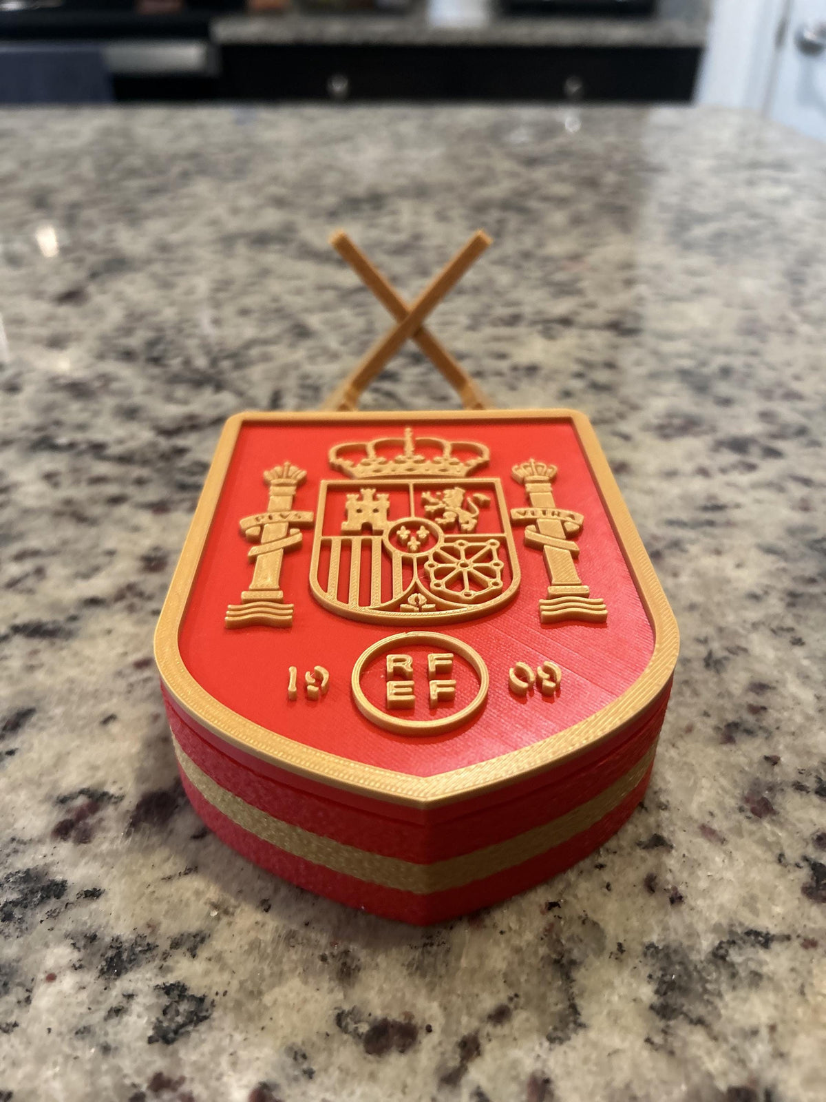 Spain La Roja RFEF 3D printed crest display with stand and hidden stash box, Furia Roja soccer fan gift, made in USA