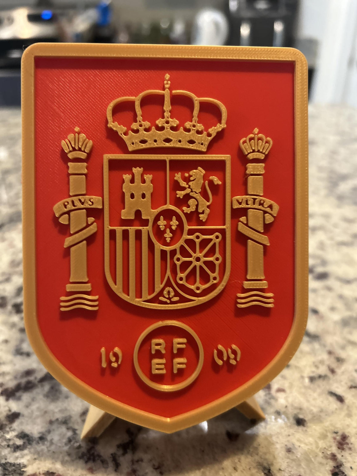 Spain La Roja RFEF 3D printed crest display with stand and hidden stash box, Furia Roja soccer fan gift, made in USA