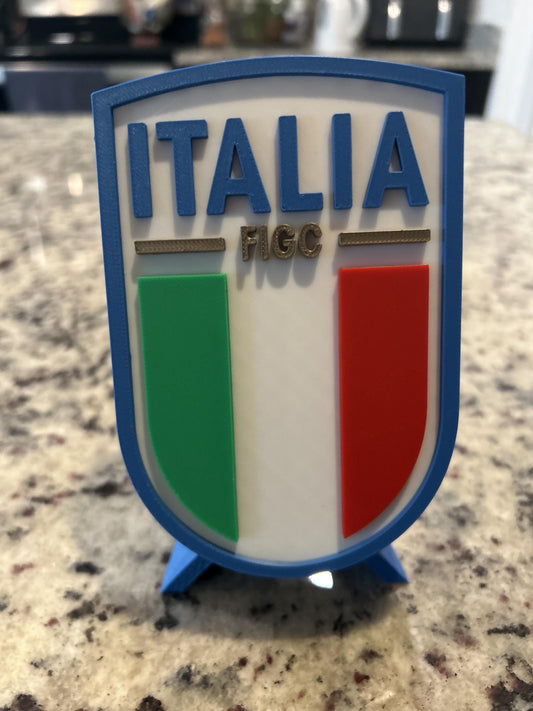 Italy Azzurri FIGC 3D printed crest display with stand and hidden stash box, Nazionale soccer fan gift, made in USA