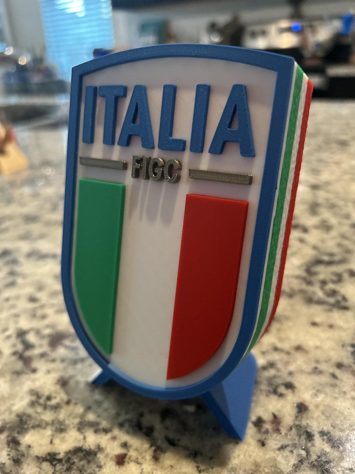 Italy Azzurri FIGC 3D printed crest display with stand and hidden stash box, Nazionale soccer fan gift, made in USA