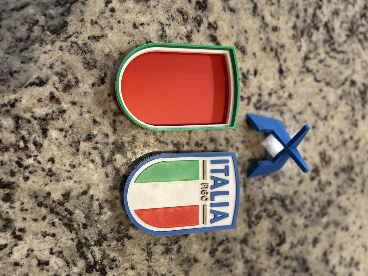 Italy Azzurri FIGC 3D printed crest display with stand and hidden stash box, Nazionale soccer fan gift, made in USA