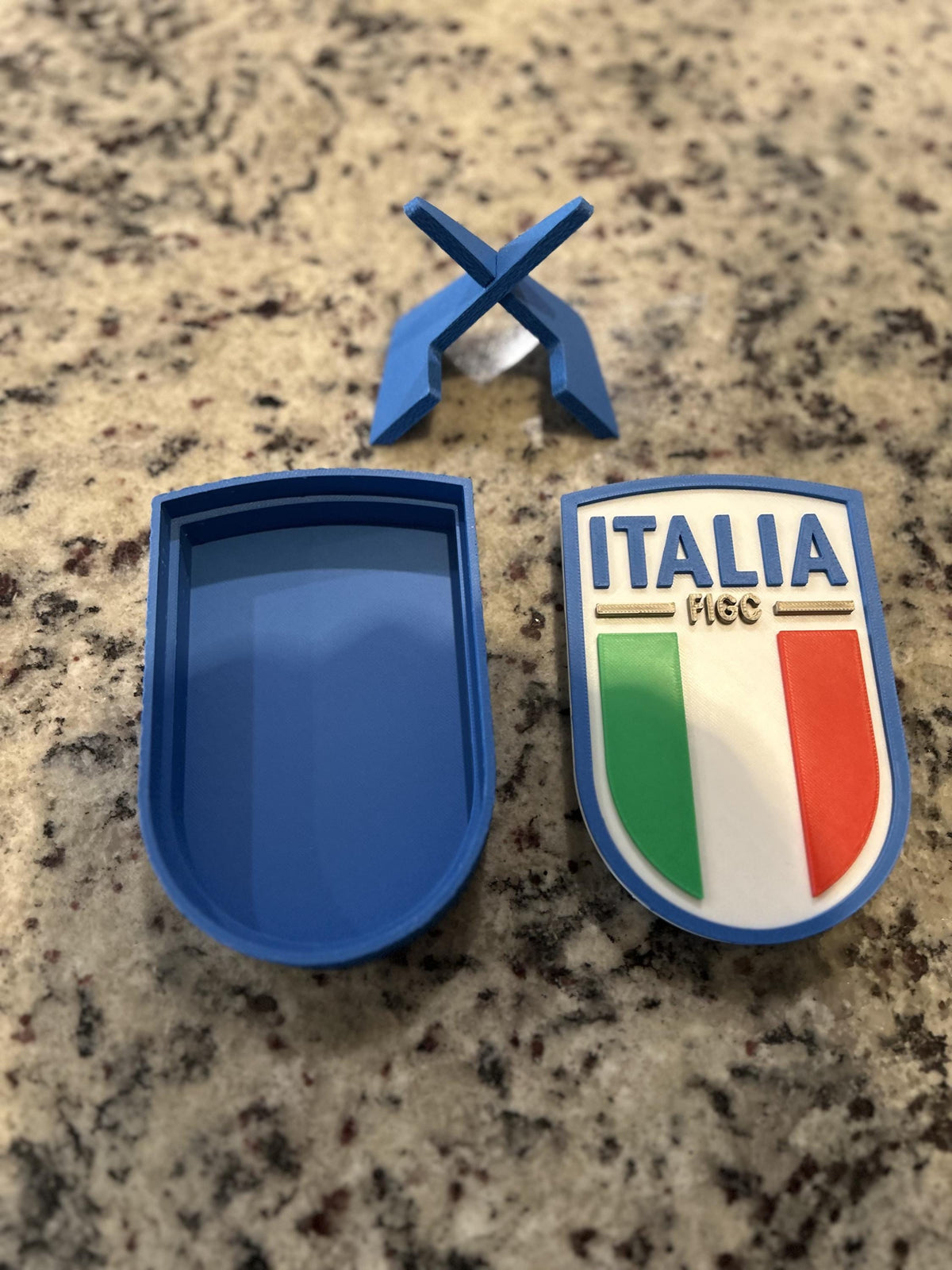 Italy Azzurri FIGC 3D printed crest display with stand and hidden stash box, Nazionale soccer fan gift, made in USA