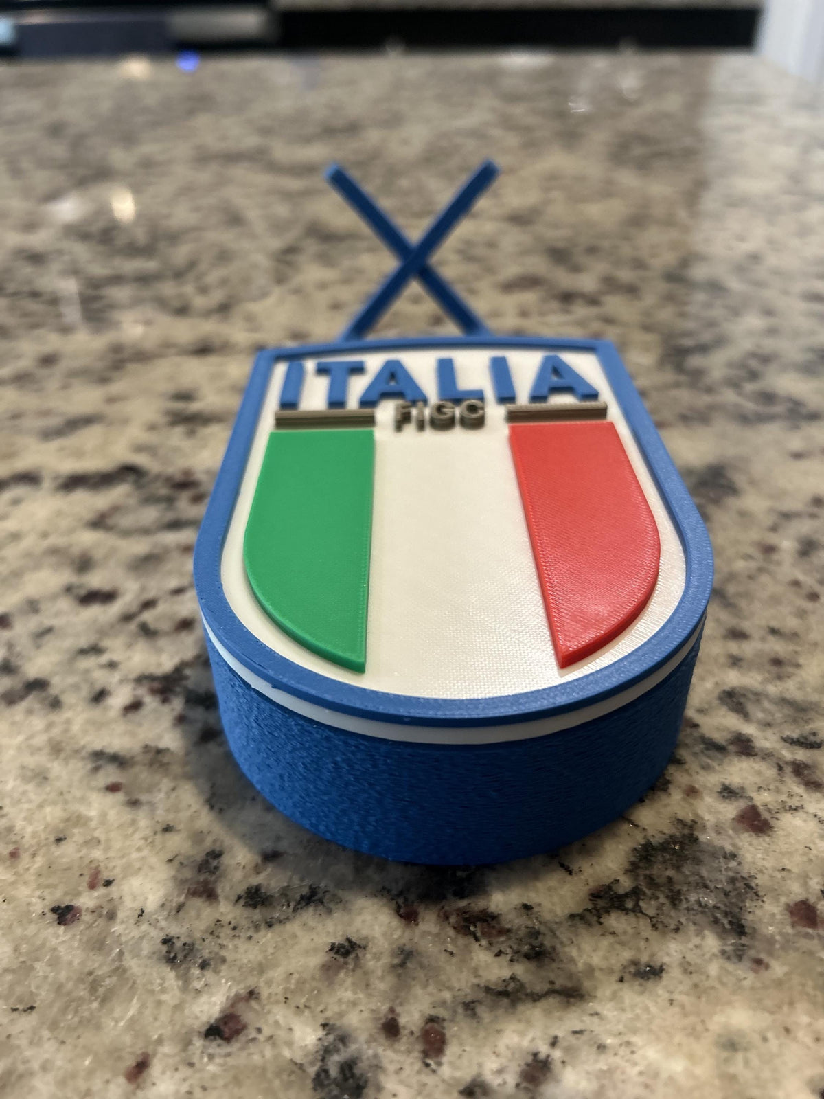 Italy Azzurri FIGC 3D printed crest display with stand and hidden stash box, Nazionale soccer fan gift, made in USA