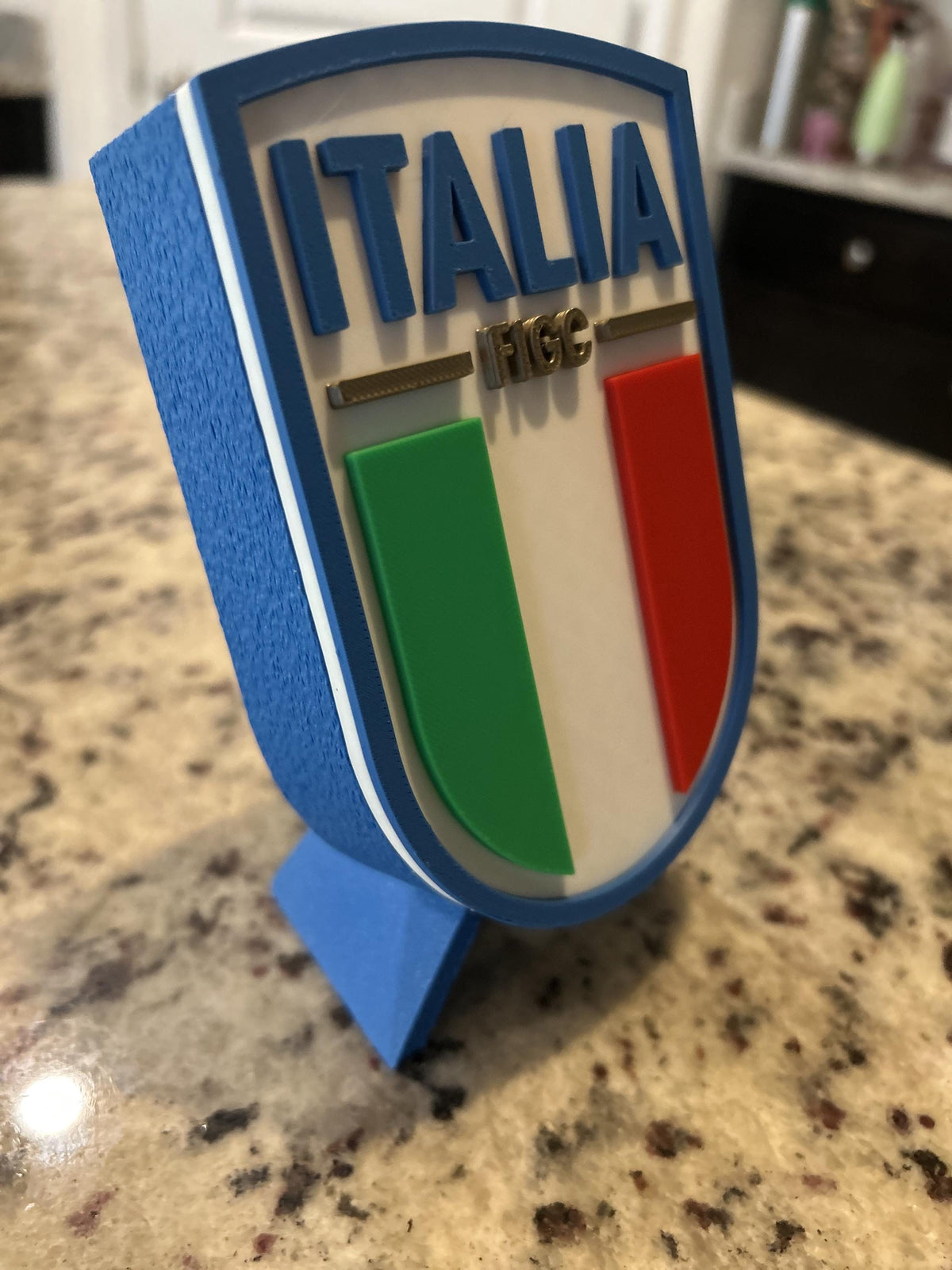 Italy Azzurri FIGC 3D printed crest display with stand and hidden stash box, Nazionale soccer fan gift, made in USA