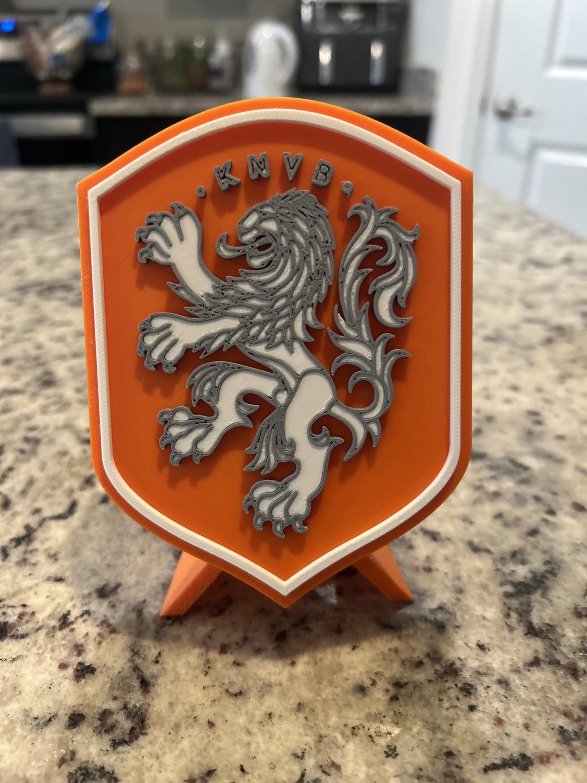 Netherlands Oranje KNVB 3D printed crest display with stand and hidden stash box, Dutch soccer fan gift, made in USA