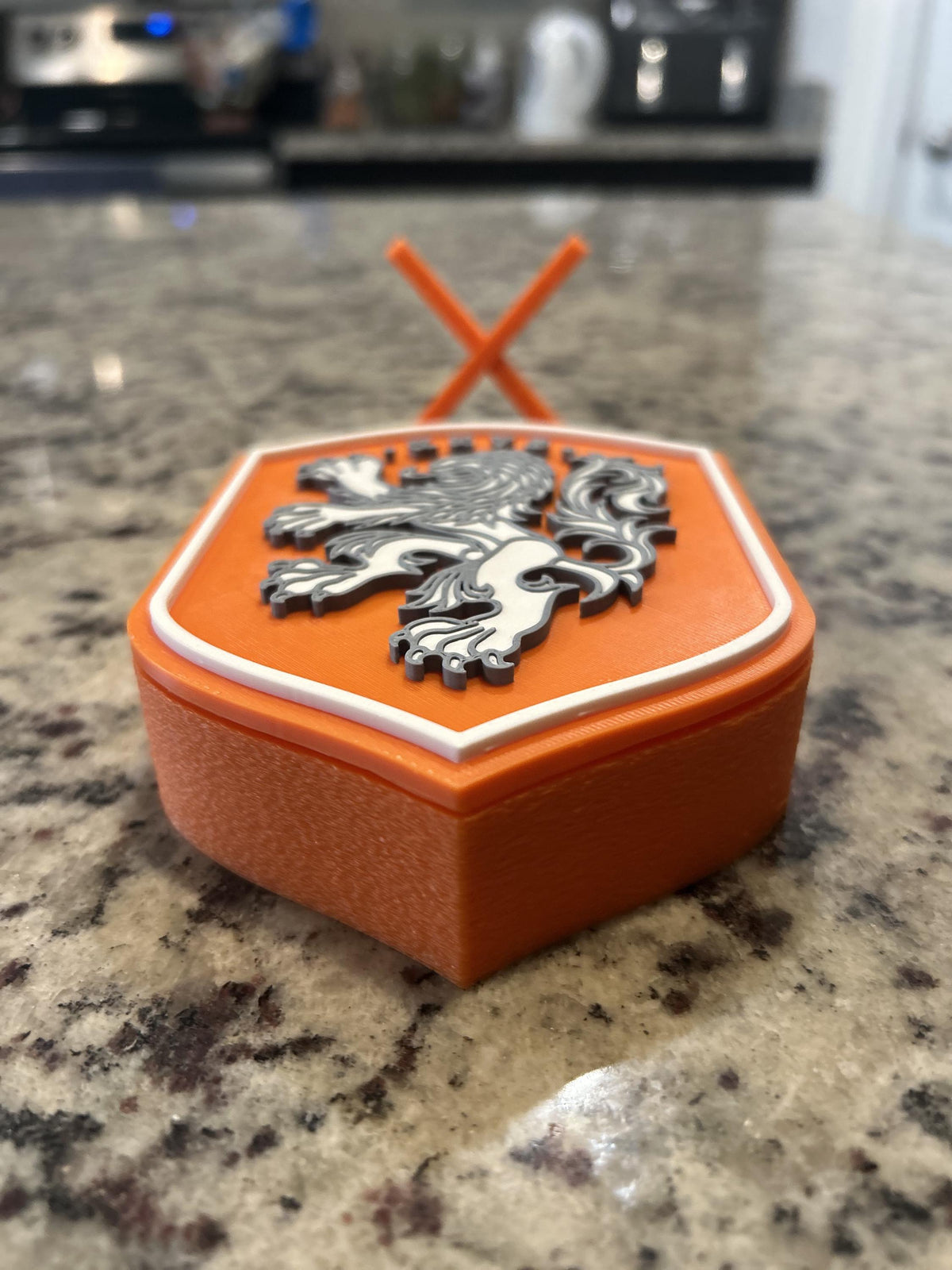 Netherlands Oranje KNVB 3D printed crest display with stand and hidden stash box, Dutch soccer fan gift, made in USA